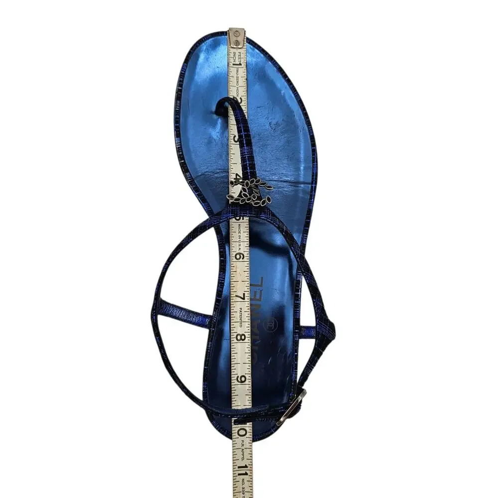 Chanel CC Flat Thong T Strap Sandal Blue Leather Black Silver Size 40 C US 9 9.5